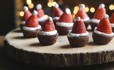 Brownie Santa Hats Prep Time: 30 minutes Cook Time: 16 minutes Yield: 24 What you need for: Mini Brownies ¾ cup (94 g) all-purpose flour 2 tbsp (12 g) cocoa powder ¼ tsp (1 g) salt ½ cup (113 g)