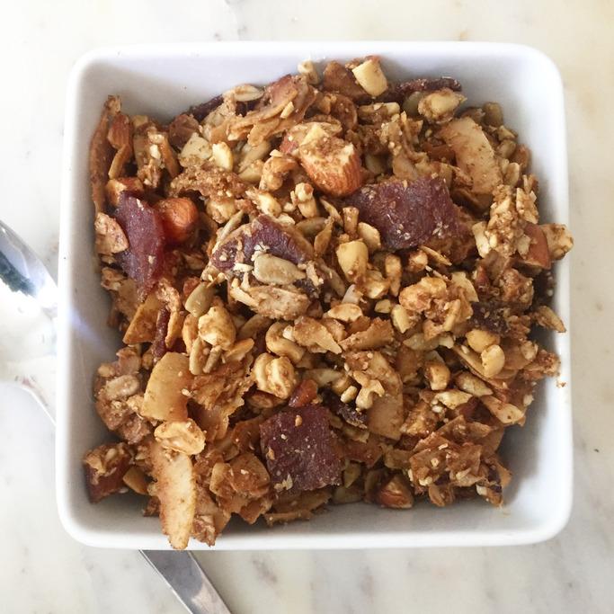 sweet bacon granola 1 cup raw, unsalted almonds 1 cup raw, unsalted cashews 2 cups unsweetened coconut flakes 1/2 cup unsalted sunflower seeds 1/2 cup bacon, cooked and crumbled into large chunks