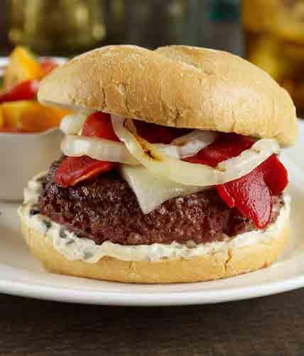 Spanish Burger Grilled beef patty with sweet onions, Manchego cheese, roasted red peppers and topped with an olive mayonnaise. Yield: 1 serving Ingredients 32 oz. Ground beef, 4 oz. patty 8 oz.