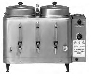 Chinese Hot Tea Urns & Hot Water Boilers Chinese Hot Tea Urns Capacity/ Side Electrical CH-75 3 gal. 21½" x 17½" x 28½" 120/240V, 6KW 120/208V, 4.5KW CH-100 3 gal.