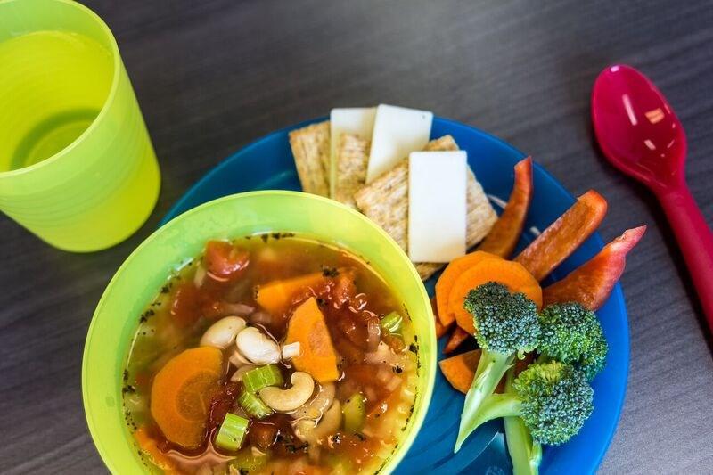 Minestrone Soup Filled with colorful vegetable, pasta and beans, this hearty soup makes a perfect hot lunch. Ready in: 40 minutes Servings: 8-1/2 cup servings 6 cups vegetable broth 1.