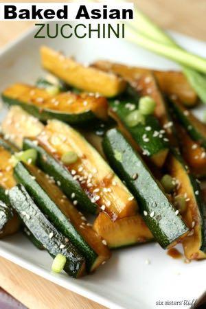 SMALLER FAMILY- BAKED ASIAN ZUCCHINI S I D E D I S H Serves: 4 Prep Time: 10 Minutes Cook Time: 25 Minutes 2 medium zucchinis 1/4 Tablespoon minced garlic 1/2 Tablespoon honey 1/8 cup soy sauce 1/2