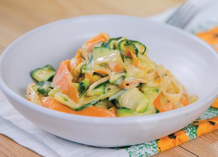 Courgette pasta carbonara 125 grams dry fettuccine 2 tablespoons oil 2 cloves garlic, crushed 4 courgettes, peeled into ribbons 2 carrots, peeled into ribbons cup evaporated milk 1 cup grated cheese