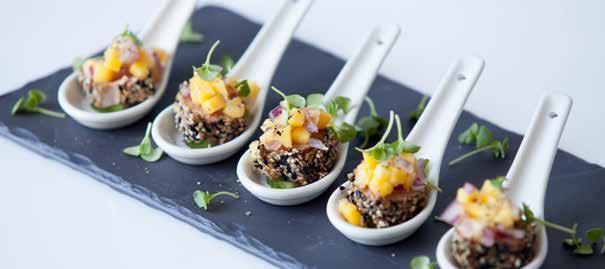 Minimum 36 pieces per canape type CANAPÉS- COLD Marinated Australian Poached Shrimp w/ Mango Chutney served on a Chinese Spoon Parma Ham Wrapped Melon Balls w/ Leaf Spinach Poached Quail Egg w/