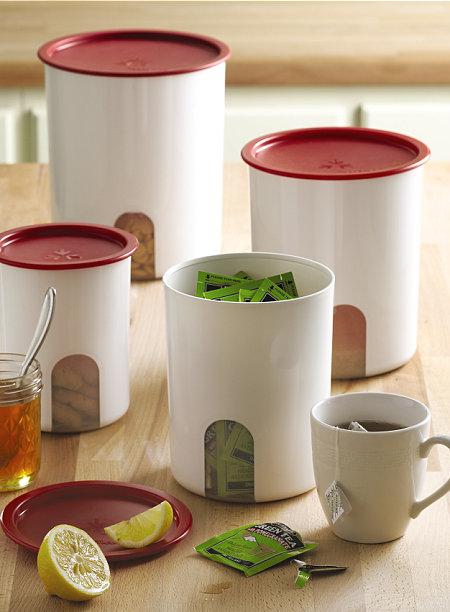 Set of Four Canisters a One Touch Reminder Canister Set Virtually airtight and liquid-tight seals feature rounded edges for easy grasping when opening.
