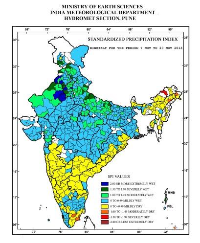 Isolated areas around Anantpur (Rayalaseema) and Bellary (South Interior Karnataka) Standardised Precipitation Index weekly, fortnightly and seasonal Weekly SPI values: Extremely wet/severely wet