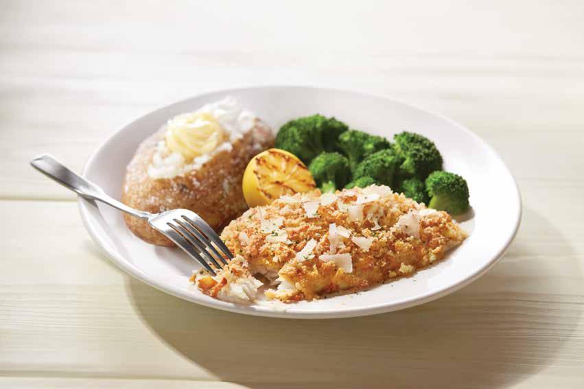 ENTRÉES Parmesan-Crusted Tilapia FISH Parmesan-Crusted Tilapia Tilapia topped with a creamy blend of Parmesan cheese and breadcrumbs, then baked crispy and golden.