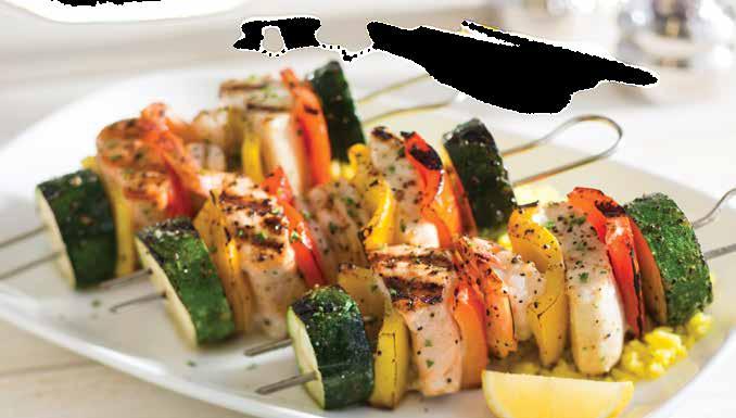 AED 61 Fish Skewers A generous portion of fresh fish and vegetable skewers, marinated with Arabic spices and wood-grilled to perfection. Served over saffron rice.