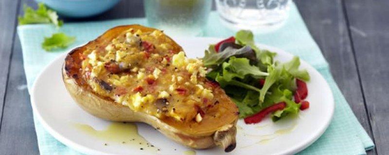 Stuffed Baked Butternut with Mushrooms and Feta Monday 22nd October COOK TIME 00:55:00 PREP TIME 00:15:00 SERVES 4 With meat becoming increasingly costly these days this vegetarian recipe will make a