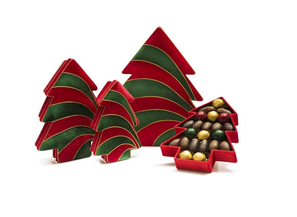 CHRISTMAS TREE SWIRL Christmas tree-shaped boxes with red and green design made with velvet fabric, gold lamé and gold cord SMALL MEDIUM LARGE CONTENTS P23622397 P23622398