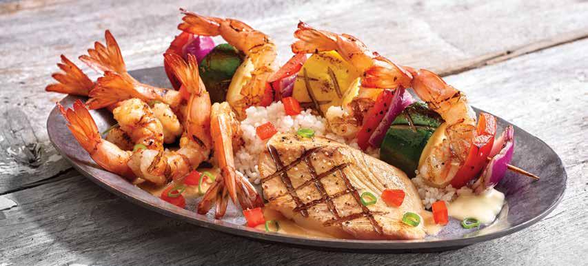 Grilled Seafood Trio Add a Fresh Garden Salad (150 cals) or Tossed Caesar Salad (400 cals) for 5.89 or a Skewer of Chargrilled Shrimp (150 cals) for 5.