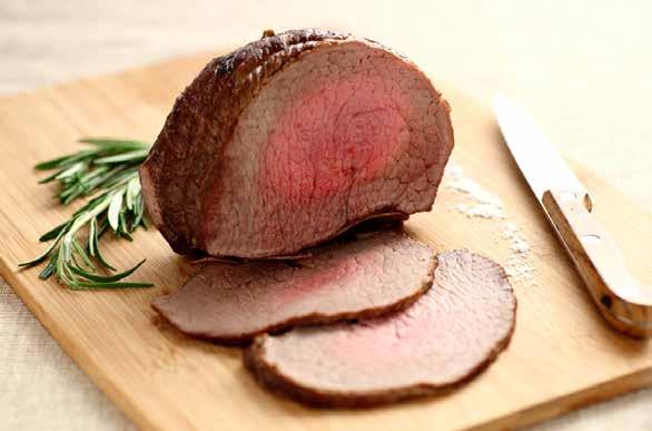 Roast beef Serves 4 Cooking functions: Roasted 1 kg beef sirloin, salt, pepper, vegetable oil, kitchen string. Remove any fat from the meat with a sharp knife. Season with salt and pepper.