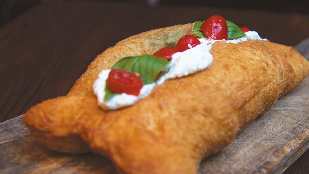 PIZZE FRITTE (FRIED PIZZA) CALZONE FRITTO filled with cherry tomatoes, fresh mozzarella, fresh ricotta, salami 16 PIZZA PIANETA filled with ricotta, broccoli rabe and topped with ricotta, grape
