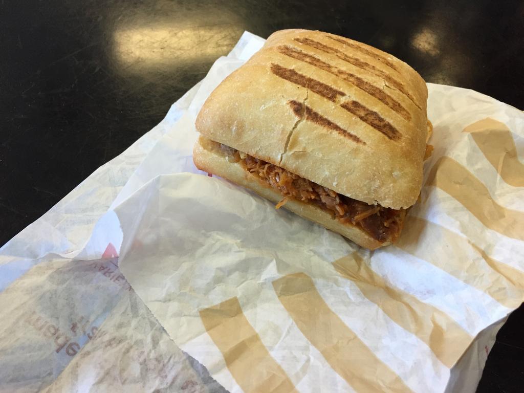 Tim Hortons, Dinner General comments: Somewhat misguided, but offered best service they could. Someone stole my pulled pork but they made another one really fast. Order Time 28 March 2016, 5:43 p.m. Order Pulled pork sandwich Location Student Life Centre (SLC) Line Wait 1.