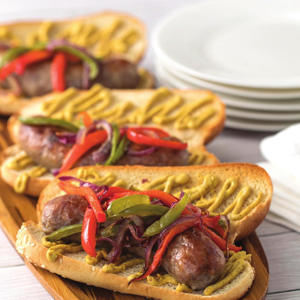 15 BRATS WITH GRILLED PEPPERS AND ONIONS SERVES 4 Nonstick cooking spray, for the tray 1/2 red bell pepper, thinly sliced 1/2 green bell pepper, thinly sliced 1/2 red onion, thinly sliced