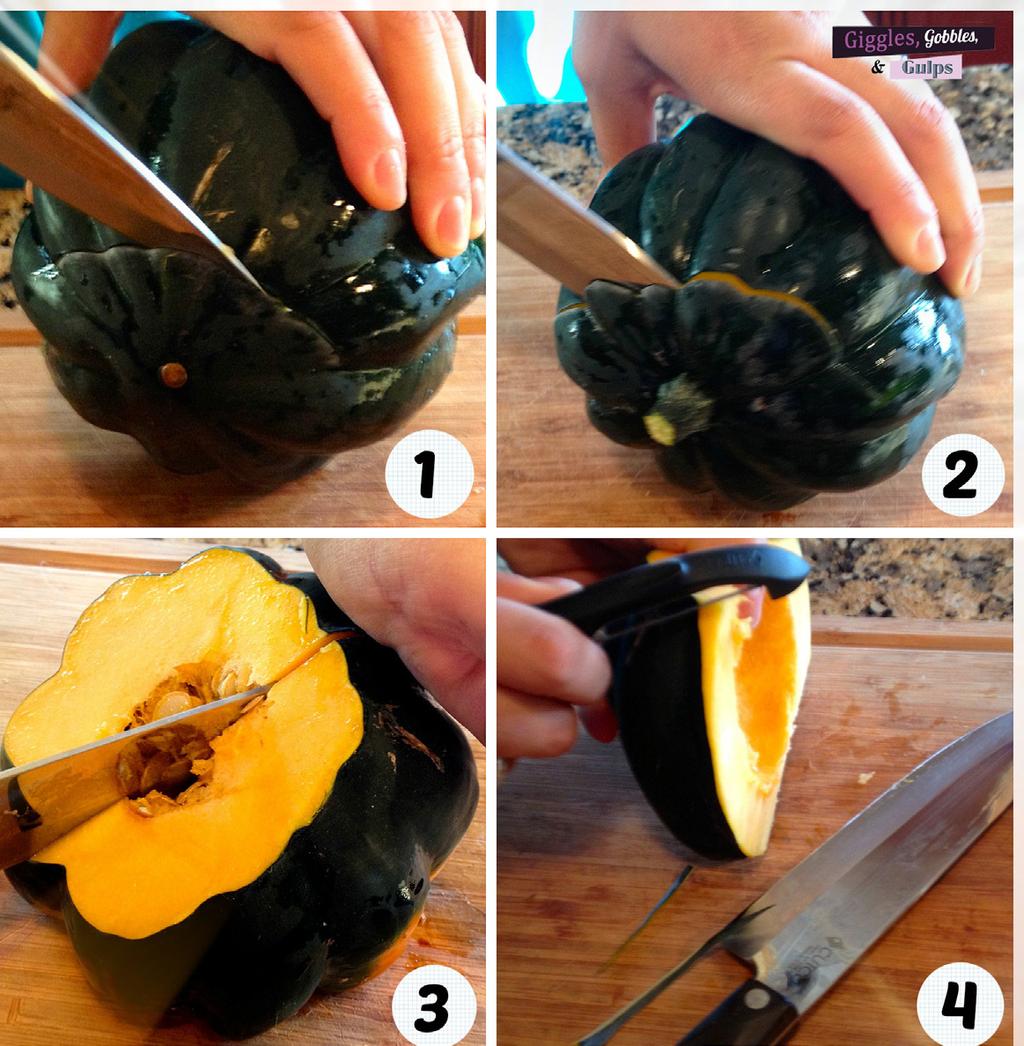 half lengthwise. Remove the seeds using a spoon or ice cream scoop and peel the outside using a vegetable peeler.