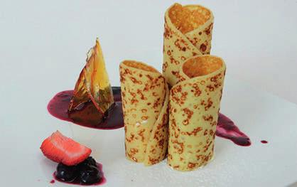 CREPE FLUTES WITH BLUEBERRY COULIS & CARAMELIZED SHARDS Method Ingredients 3 Van Dyck Sweet Crepes Cream: - 1 cup cream - 1½ Tbsp icing sugar - ½ tsp vinilla essence - 1 Tbsp chopped nuts Coulis: - ½