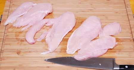 8 6 Cut each chicken breast into thin slices by cutting with the knife parallel to the cutting