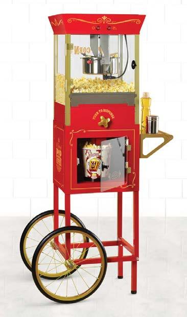 CCP1000BLK Popcorn Cart Standing 59 tall with a 10-ounce stainless steel kettle, this vendor-style popcorn cart pops up to 40 cups of kettle-fresh popcorn per batch and  SPC700SS