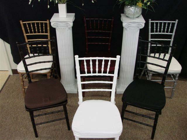 Chivari Chairs Pictured above Available in Gold, Silver, White, Black, Walnut with Ivory, White, Black, Burgundy and Brown Plan your next event outdoors We have tents, picket fencing, tables, chairs,