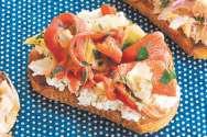 00 (36 pieces) Bruschetta with ricotta, grilled capsicum and artichoke topping Freshly baked crusty bread topped with