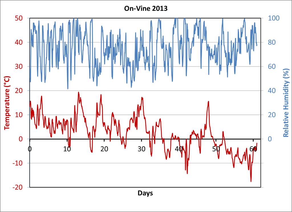 On-Vine Drying: Temperature and Relative Humidity 2011 2012 2013 Long Dura*on Treatment (2 plus months) Exposure to