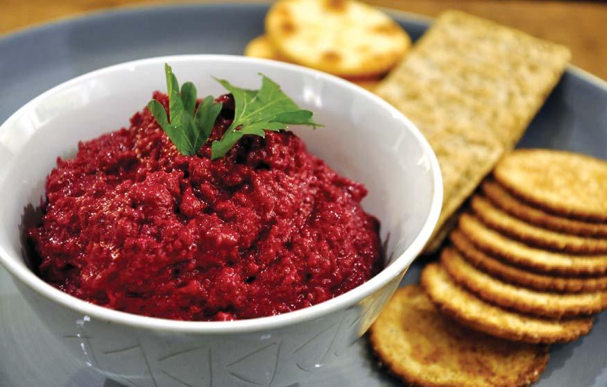 Beetroot and white bean dip with dukkah toast 2 pieces Lebanese bread Olive oil spray 1 tbsp dukkah (or Za atar spice blend) 400g can butter beans, rinsed and drained 450g can whole baby beetroot,