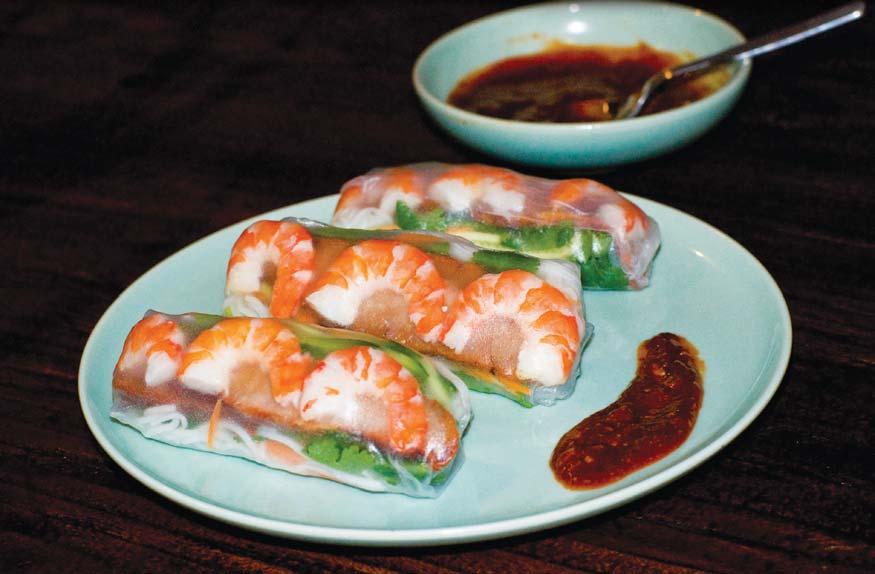 Prawn rice paper rolls 1 small carrot, finely shredded 60g dried rice noodles 1 Lebanese cucumber, peeled and seeded, cut into thin strips 16 mint leaves 3 green onions, green part only, chopped 8