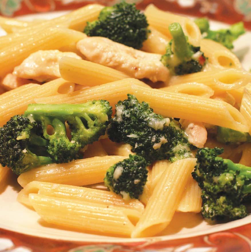 Creamy chicken and broccoli pasta To serve is beautiful, 1½ cups wholemeal pasta 2 tbsp olive oil 500g chicken breast cut into strips 2 tbsp lemon rind 200g mushrooms, sliced 500g broccoli florets,