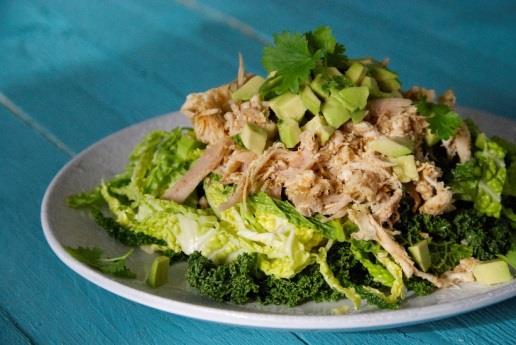 Mix together the ingredients for the slaw topping. Serve the chicken and slaw topping on a bed of romaine lettuce. Top with sliced avocado.