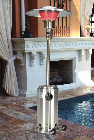 TM PATIO HEATERS The LUXOR patio heater is made of polished stainless steel for durability. The 45,000 BTU LP unit with the conical head will provide maximum heat distribution for your patio dining.