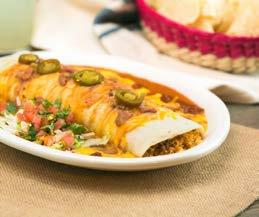 90 FAJITA ENCHILADAS Two fajita beef or chicken enchiladas smothered in chile con queso and served with rice, beans, and pico de gallo (1310 1330 cal) 10.