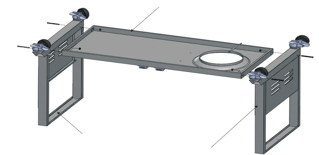 2 Bottom Shelf to Legs A Attach bottom shelf to left and right leg assemblies with (4) 1/4-20 flange nuts and (4) 1/4-20x2-1/2" screws.