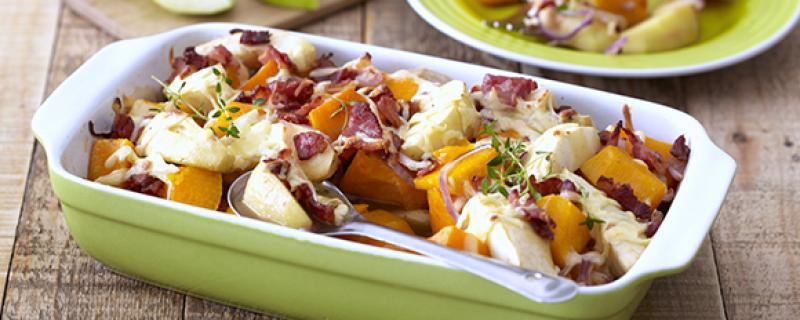 Cheesy Butternut, Apple and Onion Bake Wednesday 17th May COOK TIME PREP TIME SERVES 00:40:00 00:05:00 4 Spice up tired butternut recipes with this Cheesy Butternut, Apple and Onion Bake.