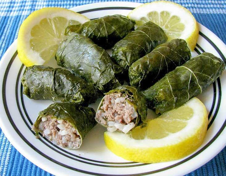 Dolmades (stuffed grape leaves) Ingredients: 3 pounds ground meat (beef or lamb preferred) 1 medium onion, finely chopped 1 clove of garlic minced or grated 1 small bunch of fresh dill chopped (about