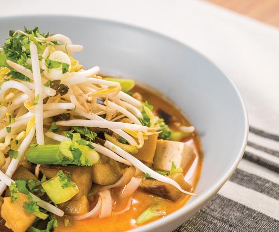 Vegetable tom yum soup Serves 4 125 grams rice noodles 2 tablespoons oil 2 eggplants, diced 2-3 tablespoons tom yum paste 3 cups water 1 vegetable stock cube cup coconut milk 4 bok choy, coarsely