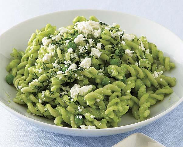 thursday Fusilli with Peas and Feta Active total time: 25 minutes Flavored with a good dose of dill and tangy feta, this easy, bright green pasta is a delicious way to celebrate summer.