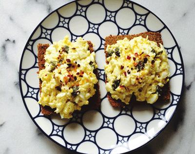 BREAKFAST HEALTHY EGG SALAD YIELDS: 2 SERVINGS PREP TIME: 20 MINUTES 6 Large Eggs, hard boiled 2 tablespoons 0% Greek Yogurt 2 tablespoons Red Onion, diced 2 tablespoons Capers, drained Pinch Dry