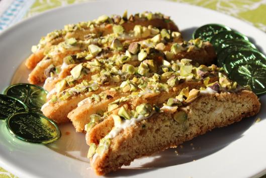 Pistachio and white chocolate studded biscotti irresistible! Now back to the leprechaun story. Leprechauns, by trade, are gifted shoemakers, providing faeries with exquisite dancing shoes.