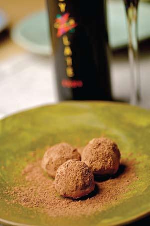 Bit t e r s w e e t En d Bliss is a chocolaty treat and a glass of a subtly sweet red wine. These two delicious bites can be made ahead, so that as dinner nears its end, you can sit back and enjoy.
