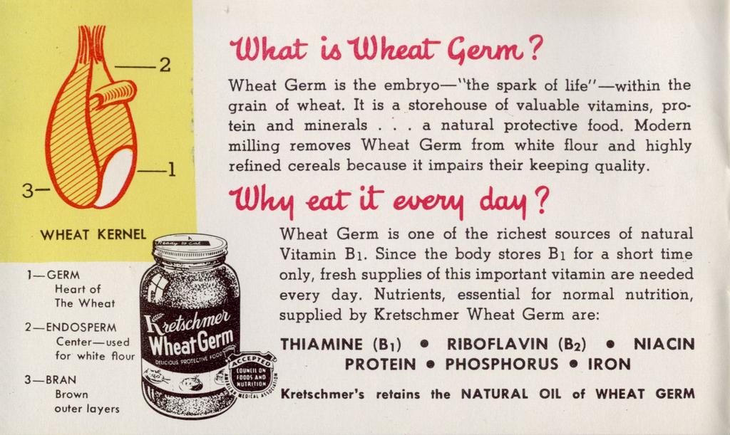 Wheat Germ is the embryo "the spark of life" within the grain of wheat. It is a storehouse of valuable vitamins, protein and minerals... a natural protective food.