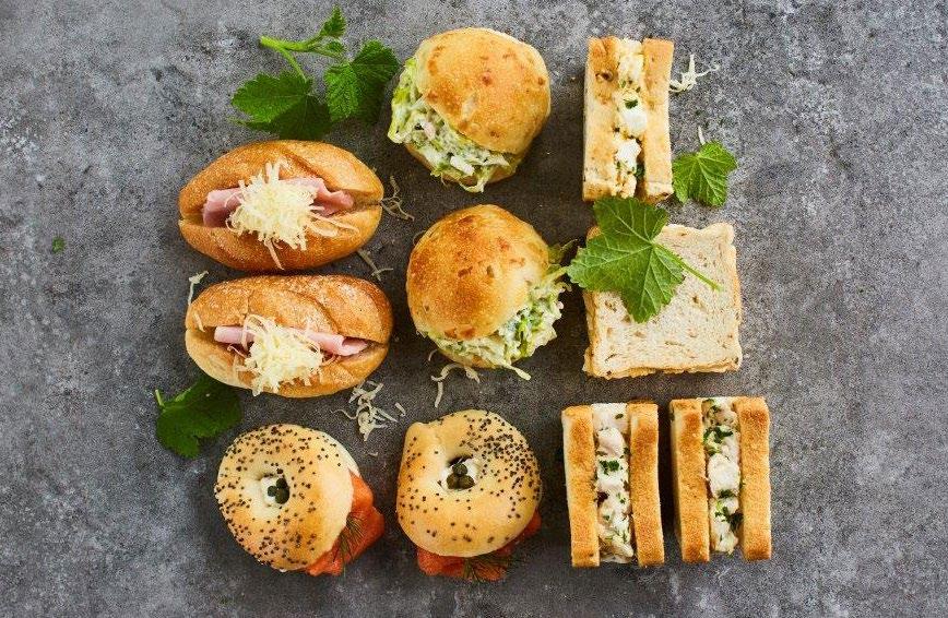 poached chicken, house mayo & parsley 6 x Baguettes leg ham, gruyere, green mango chutney 6 x Sandwiches free range egg, house mayo & chives 6 x Bagels smoked salmon, cream cheese, capers & dill 6 x