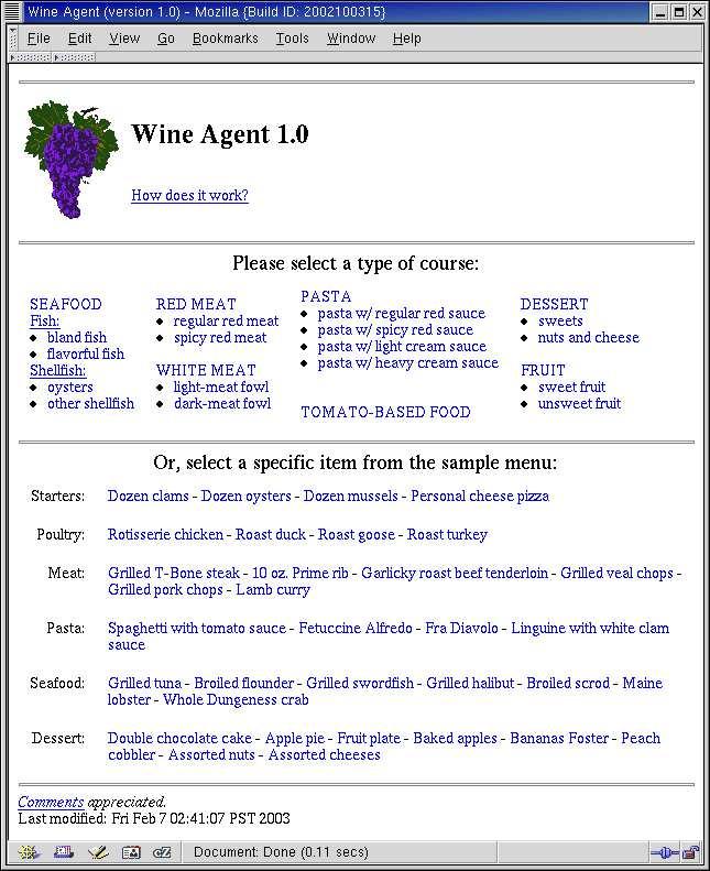 Figure 1: Wine Agent Front Page and Example Response. DAML+OIL and OWL, which are designed for distribution over the Web via namespaces and a syntax based on mark-up.