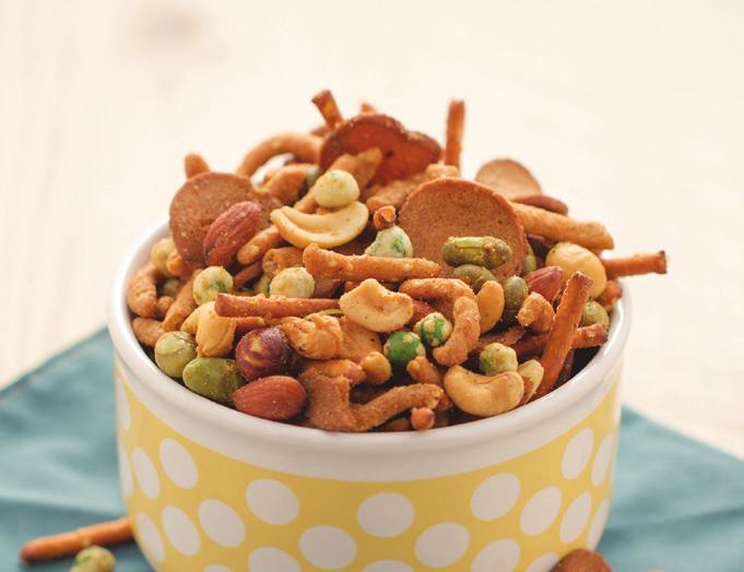 Pub Snack Mix 1 (10 ounce) container deluxe mixed nuts 3 cups sesame oat bran sticks 3 cups garlic rye chips 3 cups pretzel sticks 1 (5 ounce) bag dry-roasted and salted edamame 1 (5 ounce) bag