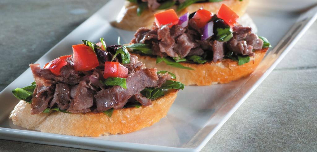 APPETIZERS/SNACKS Sirloin Steak Bruschetta Steak-EZE BreakAway Beef atop French bread with spinach, basil and tomato-olive salsa.