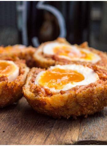 Homegold Yorkshire Scotch Eggs 250g of good-quality sausage meat 5 large free-range eggs 1 tsp finely chopped, sweated onions 1 spring onion, finely chopped Salt and pepper 50g plain flour, seasoned