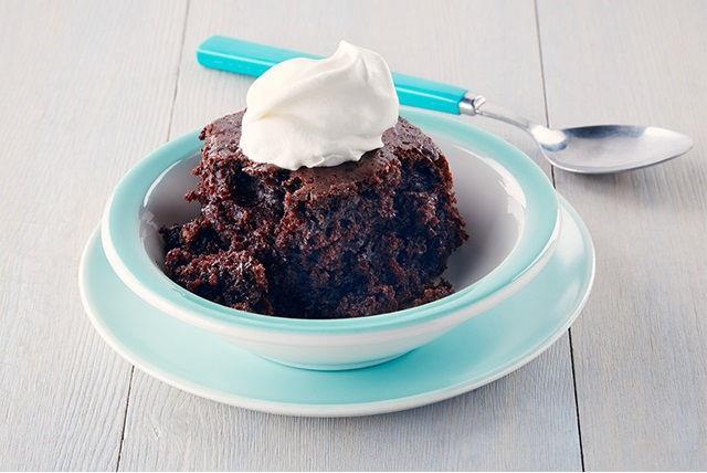 Slow-Cooker Double Chocolate Cake Prep time: 15 min. 16 servings Cook time: 4 hours 1 pkg. (2-layer size) chocolate cake mix 1 pkg. (3.9 oz.