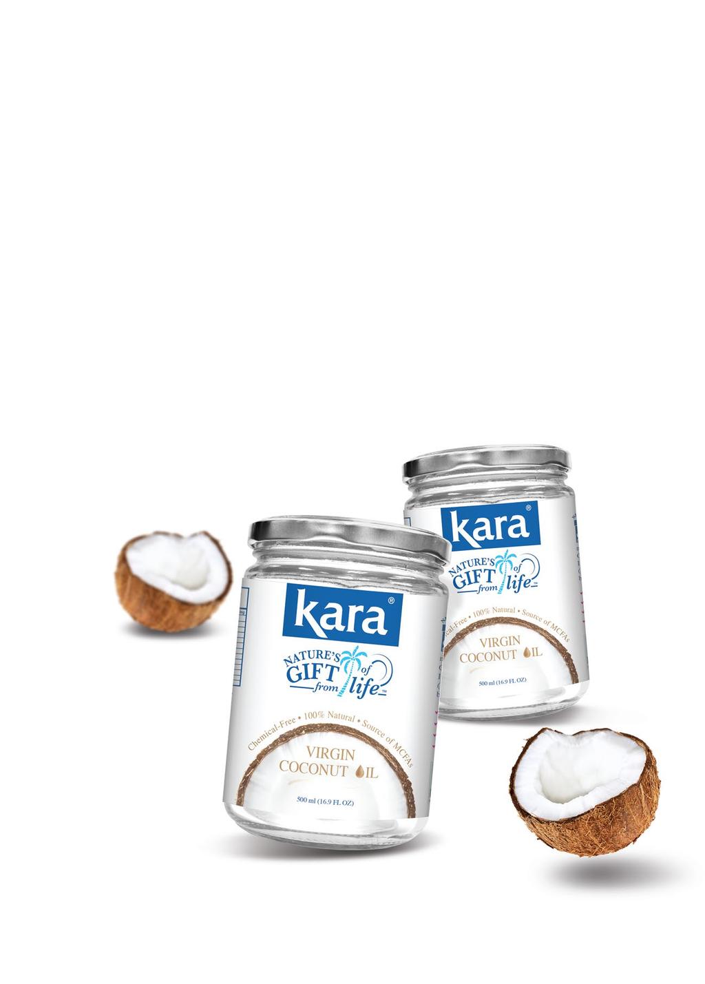Kara Virgin Coconut Oil Nature s Gift from the Tree of Life Extracted from fresh coconut material of non-copra source, Kara Virgin Coconut Oil is chemical-free and 100% natural.