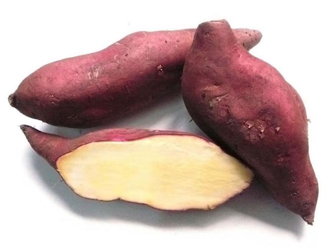 DATA SHEET PURPLE SWEET POTATO This tuberous root is long with a smooth purple skin and off-white, sweet flesh.