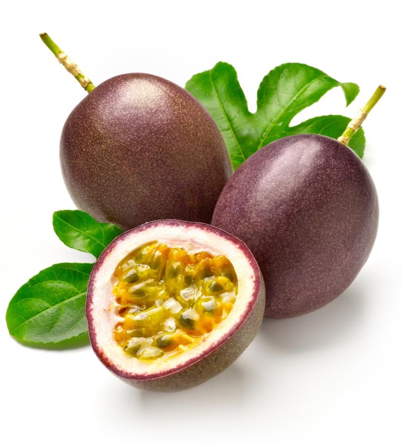 DATA SHEET PURPLE PASSION FRUIT Round to oval fruit with a dark purple, smooth shell. Fruit contains a yellowish juicy pulp with black edible seeds. It has a sweet and sour flavor.